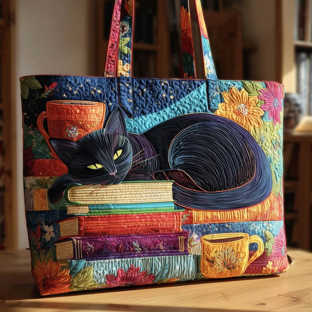 Handgjord quiltad väska med svart katt, böcker och muggar