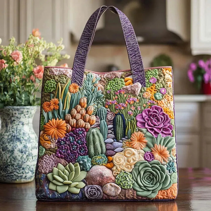 Quiltad handväska med succulentträdgård