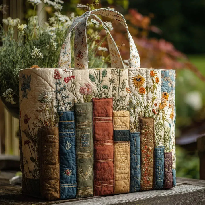 Handsydd quiltad väska med böcker och blommor