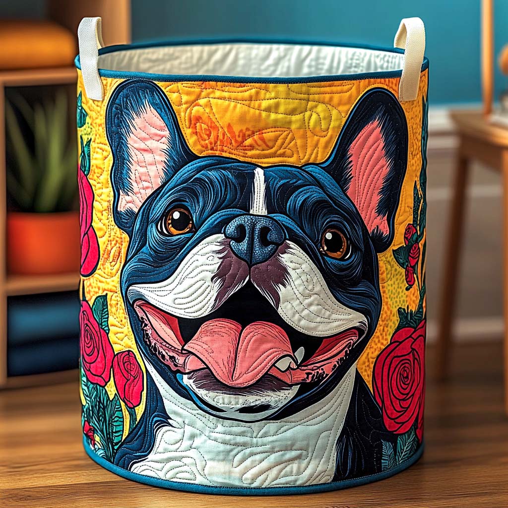 Quiltad tvättkorg med fransk bulldogg och blommor NCU0NXD546