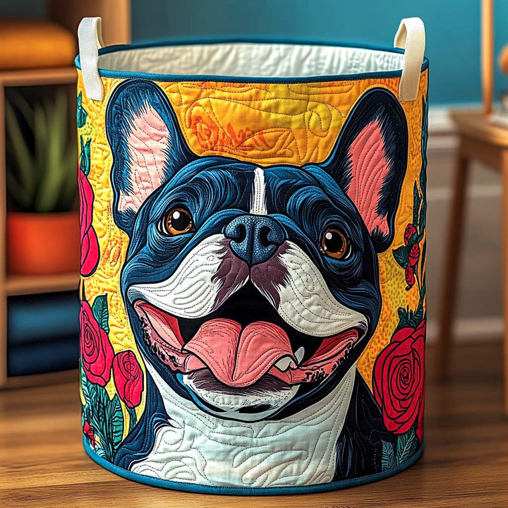 Quiltad tvättkorg med fransk bulldogg och blommor NCU0NXD546