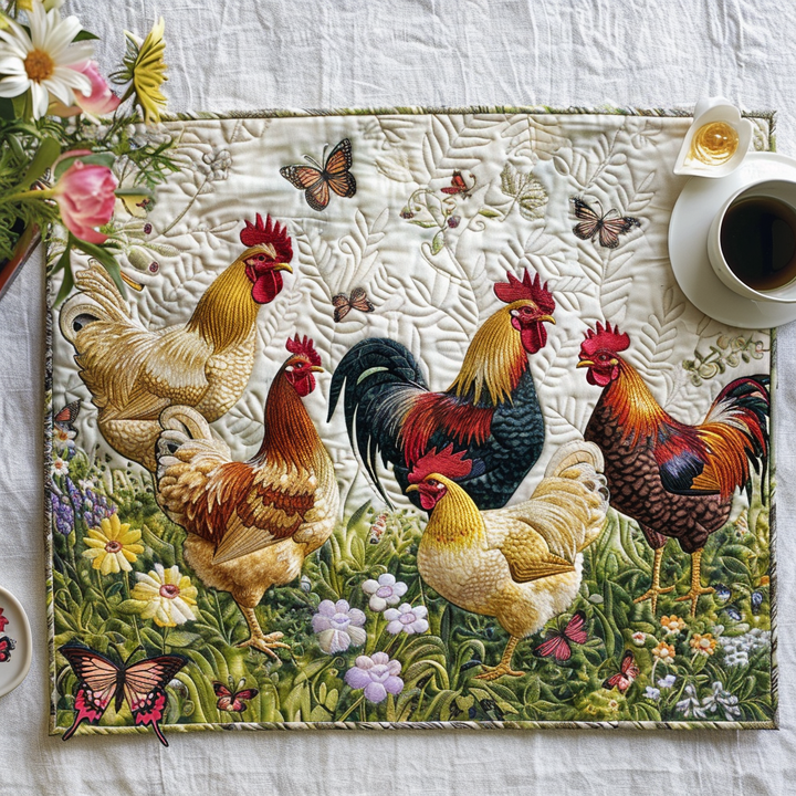 Quiltad Duk med Förtrollande Höns och Blommor NCU0TL071