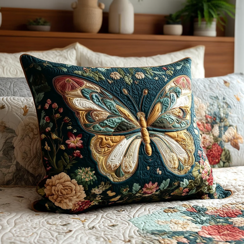 Kuddfodral med broderad fjäril i smaragd och blommor NCU0TV180