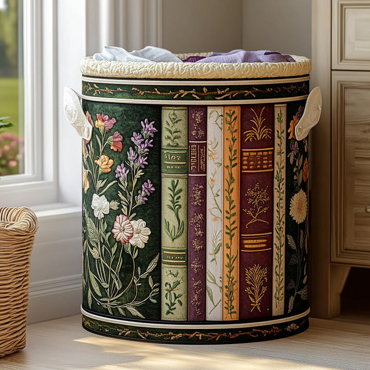 Quiltad tvättkorg med böcker och blomstrande trädgård NCU0PVL466