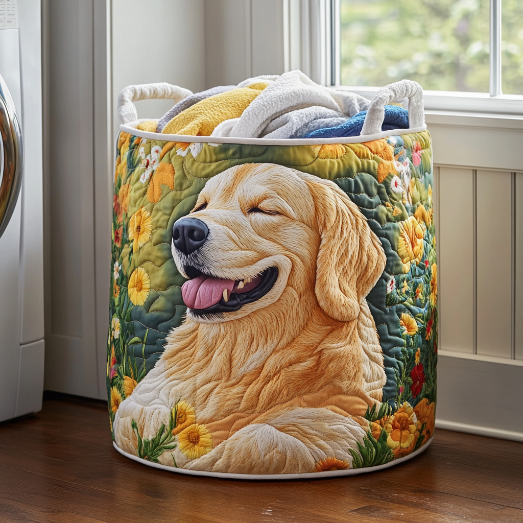 Quiltad tvättkorg med Golden Retriever och blommor NCU0DDK837