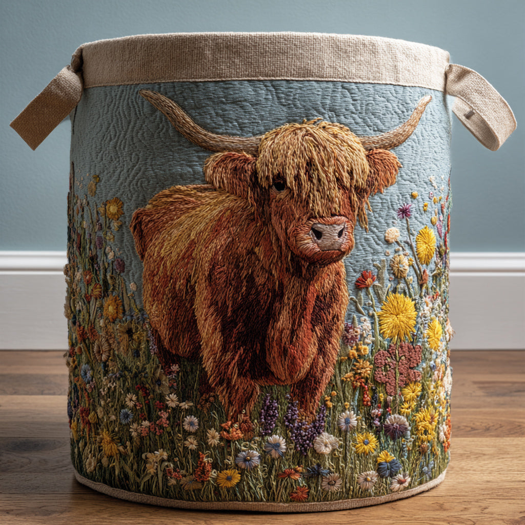Quiltad tvättkorg med Highland-ko och blommor NCU0HNH495