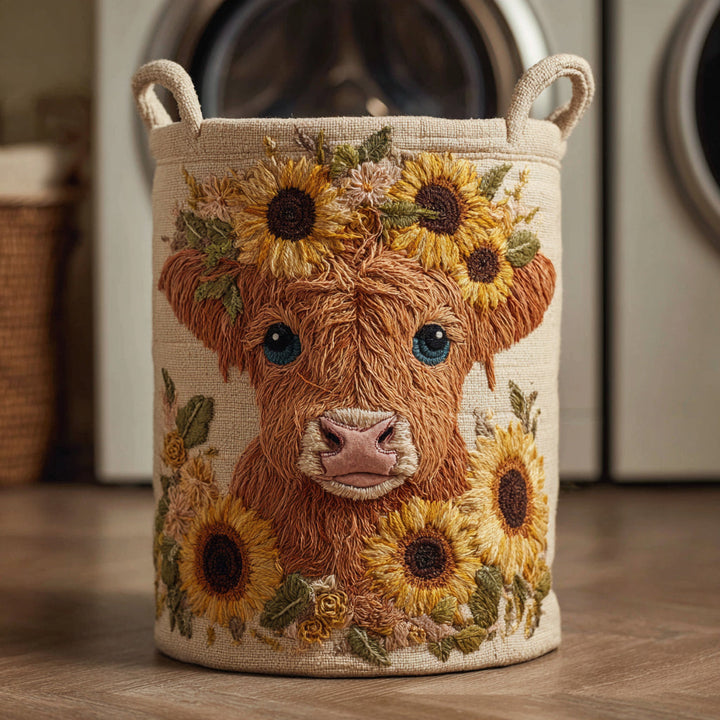 Filtad tvättkorg med Highland-ko och blommor NCU0HNH499