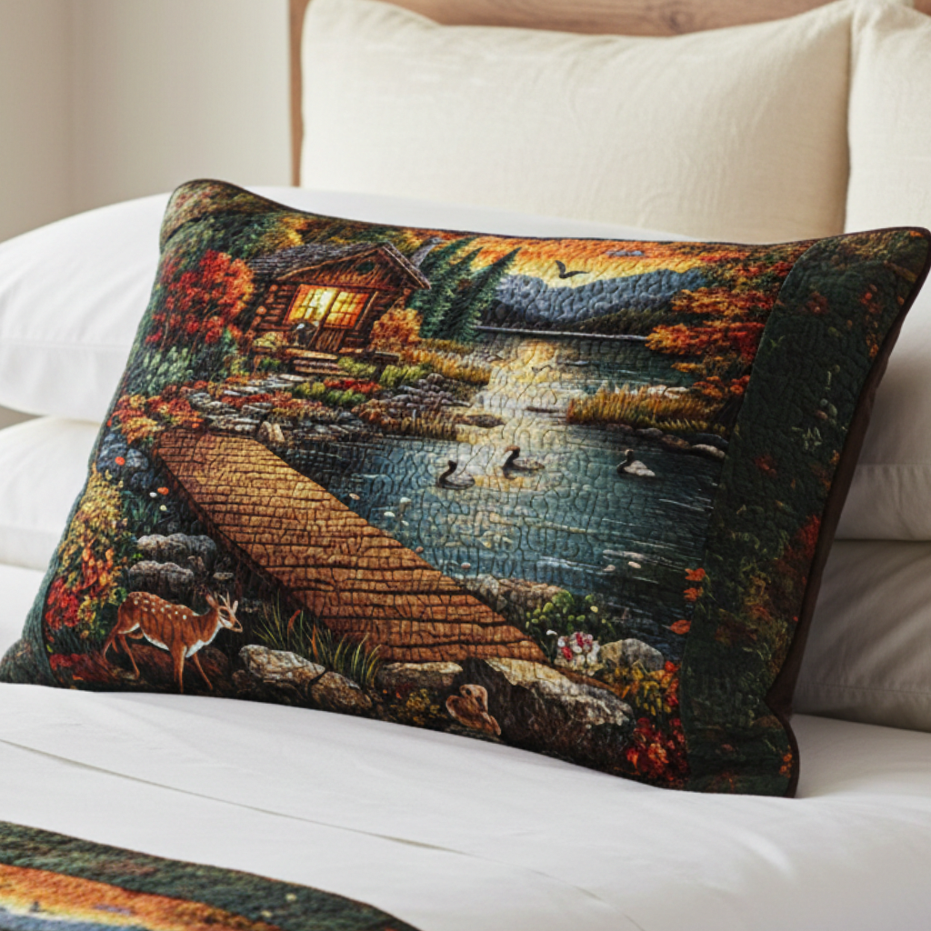 Quilted pillow cover with cabin by the lake at sunset NCU0NT5169