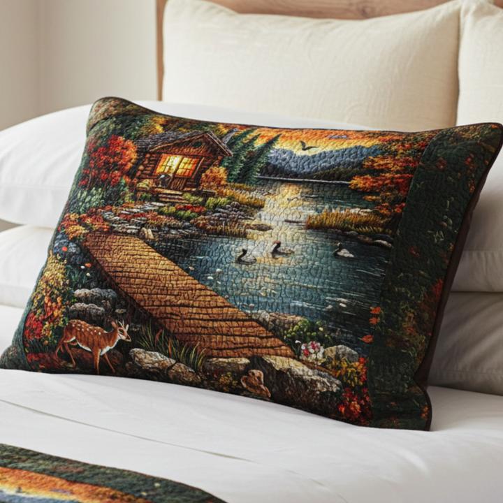 Quilted pillow cover with cabin by the lake at sunset NCU0NT5169