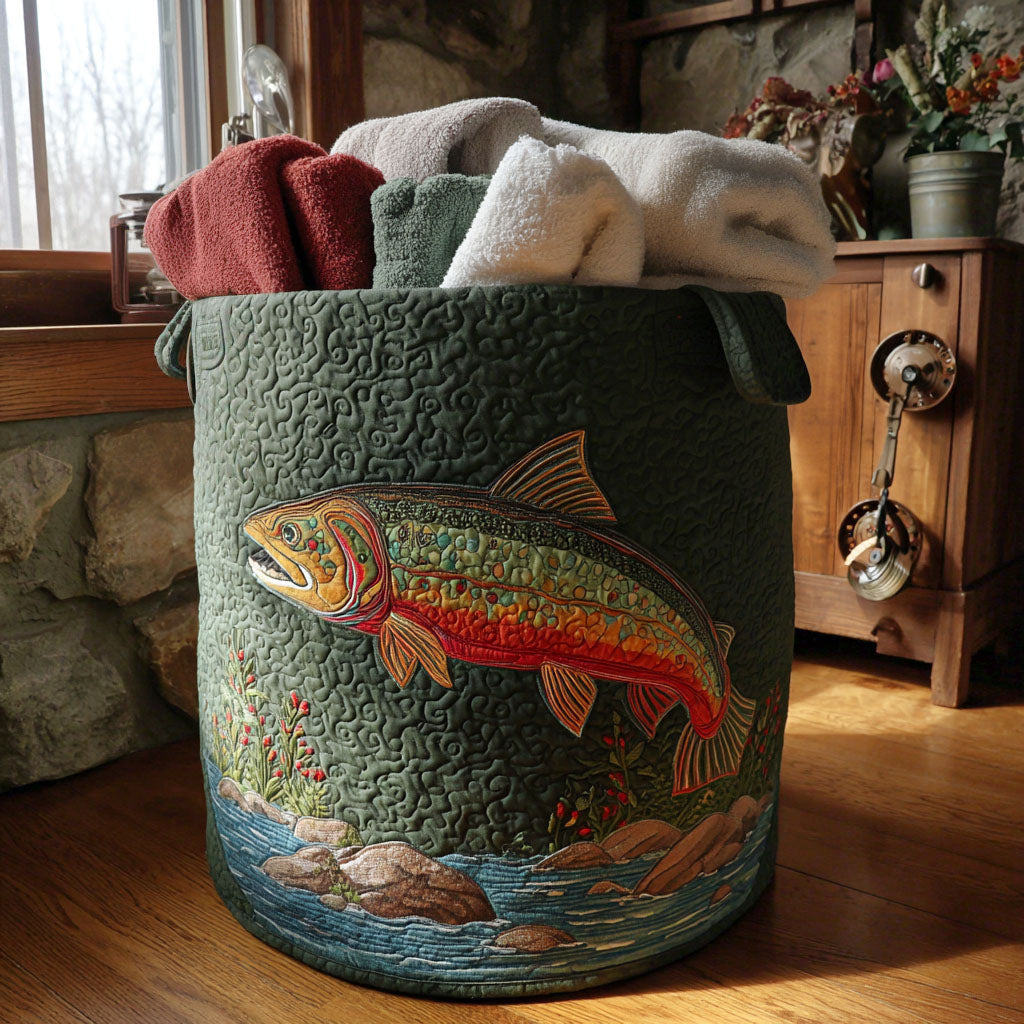 Quiltad tvättkorg med fisk och naturlandskap NCU0PTT1738