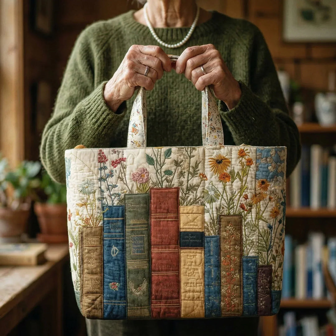 Handsydd quiltad väska med böcker och blommor